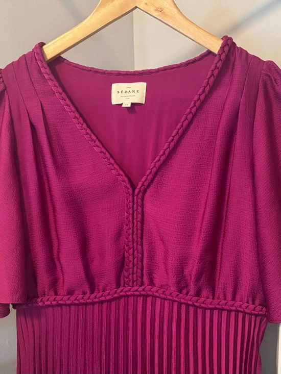 Sezane Pleated V-Neck Midi Dress in Magenta - Picture 5 of 16